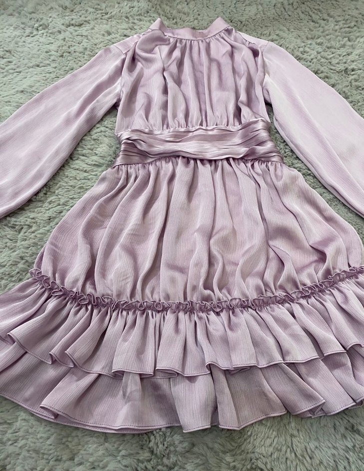 Lila Saten Midi Elbise, Fırfır Detaylı - Görsel 3