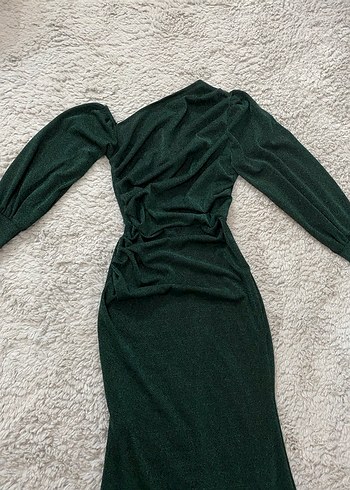 Koyu Yeşil Drapeli Uzun Kollu Uzun Elbise - Görsel 2