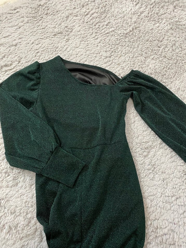 Koyu Yeşil Drapeli Uzun Kollu Uzun Elbise - Görsel 4