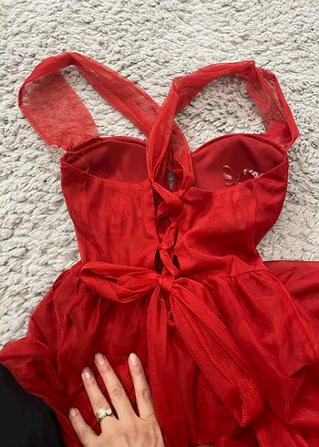 Kırmızı Straplez Midi Abiye Elbise - Görsel 6