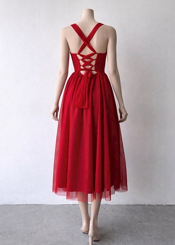 Kırmızı Straplez Midi Abiye Elbise - Görsel 2