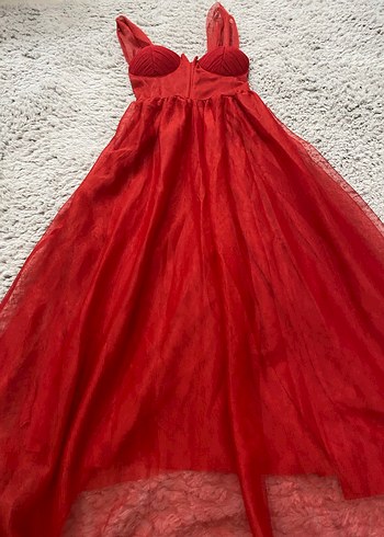 Kırmızı Straplez Midi Abiye Elbise - Görsel 5