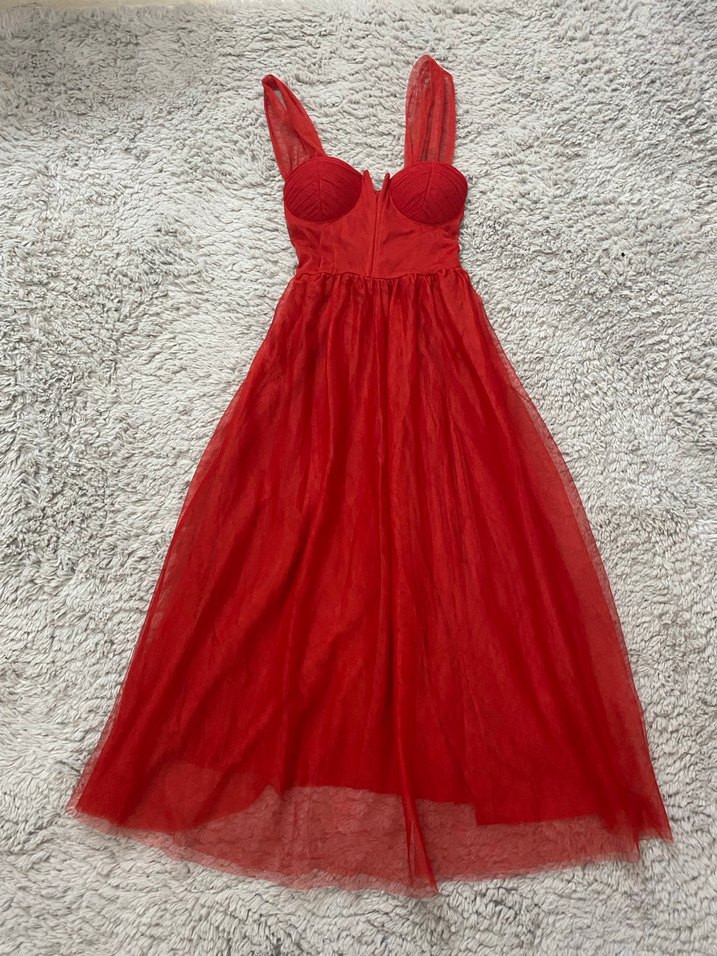 Kırmızı Straplez Midi Abiye Elbise - Görsel 3