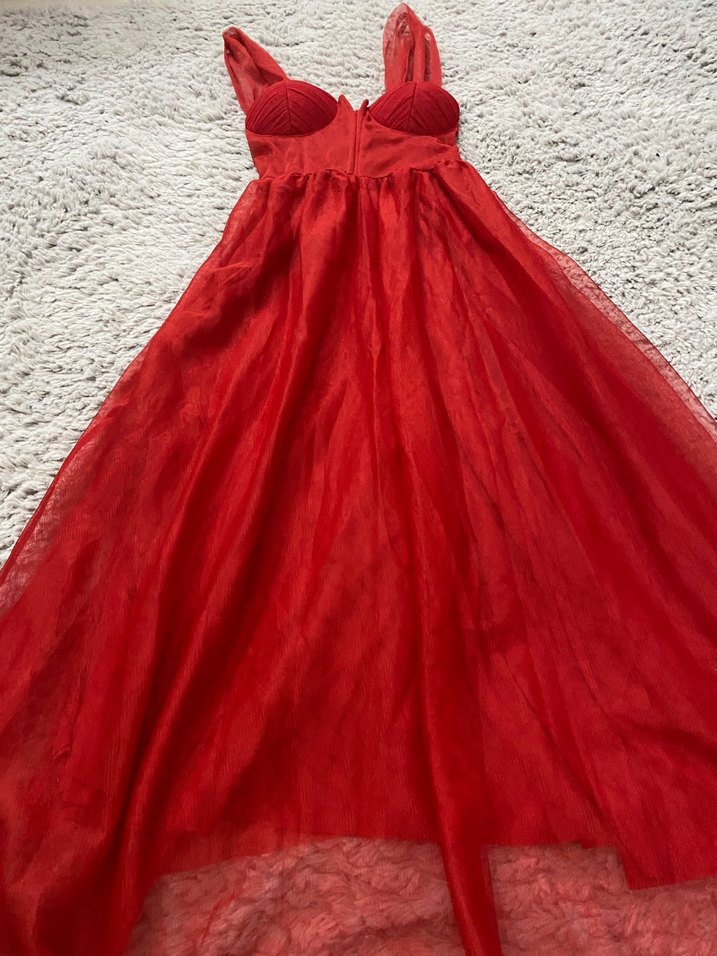 Kırmızı Straplez Midi Abiye Elbise - Görsel 5