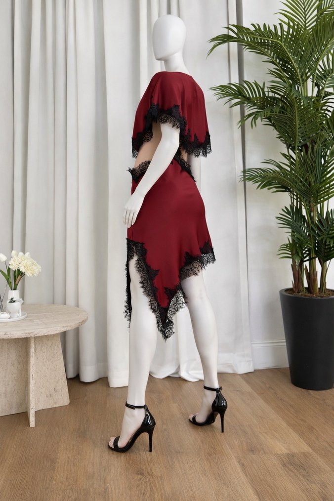 Bordo Dantel Detaylı Asimetrik Mini Elbise - Görsel 3