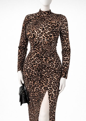 Yeni sezon Leopar Desenli Uzun Drapeli Elbise - Görsel 3