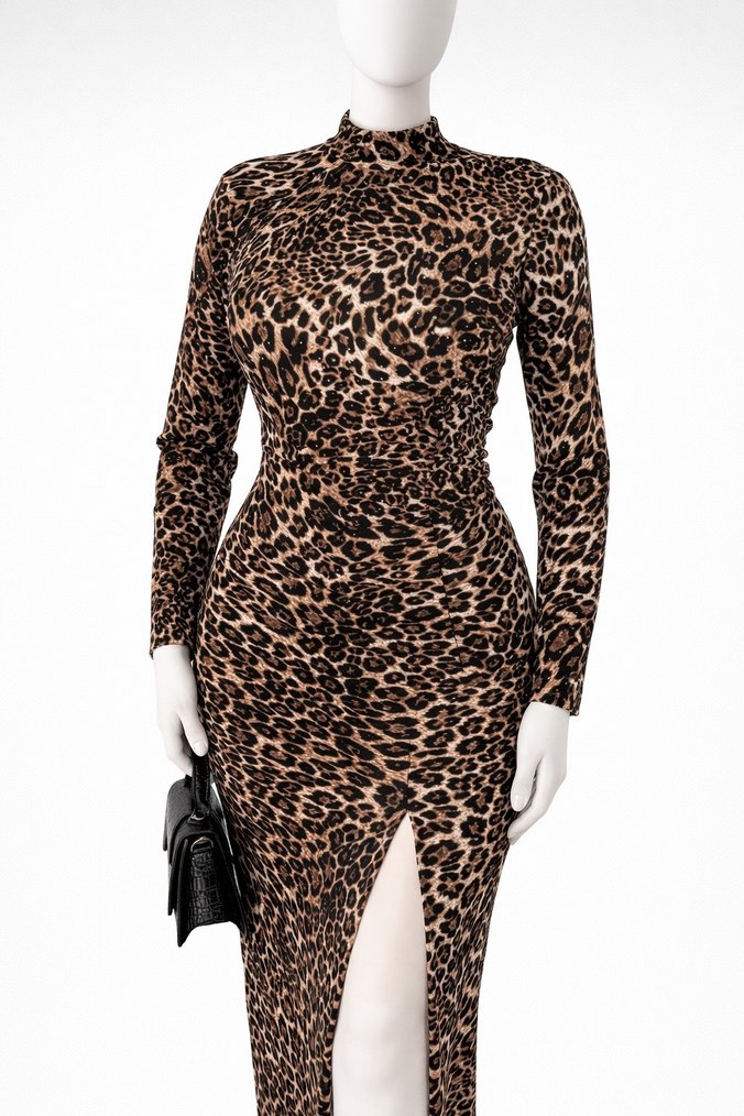 Yeni sezon Leopar Desenli Uzun Drapeli Elbise - Görsel 3