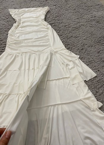 Uzun Beyaz Straplez Kadın Abiye Elbise - Görsel 2