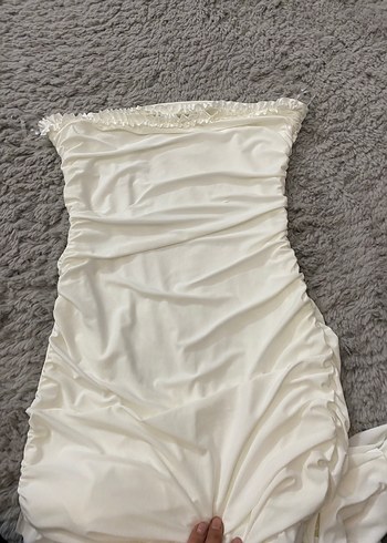 Uzun Beyaz Straplez Kadın Abiye Elbise - Görsel 4