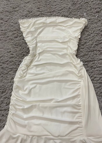 Uzun Beyaz Straplez Kadın Abiye Elbise - Görsel 3