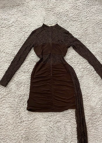 Dantel Detaylı Kahverengi Uzun Kollu Midi Elbise - Görsel 4