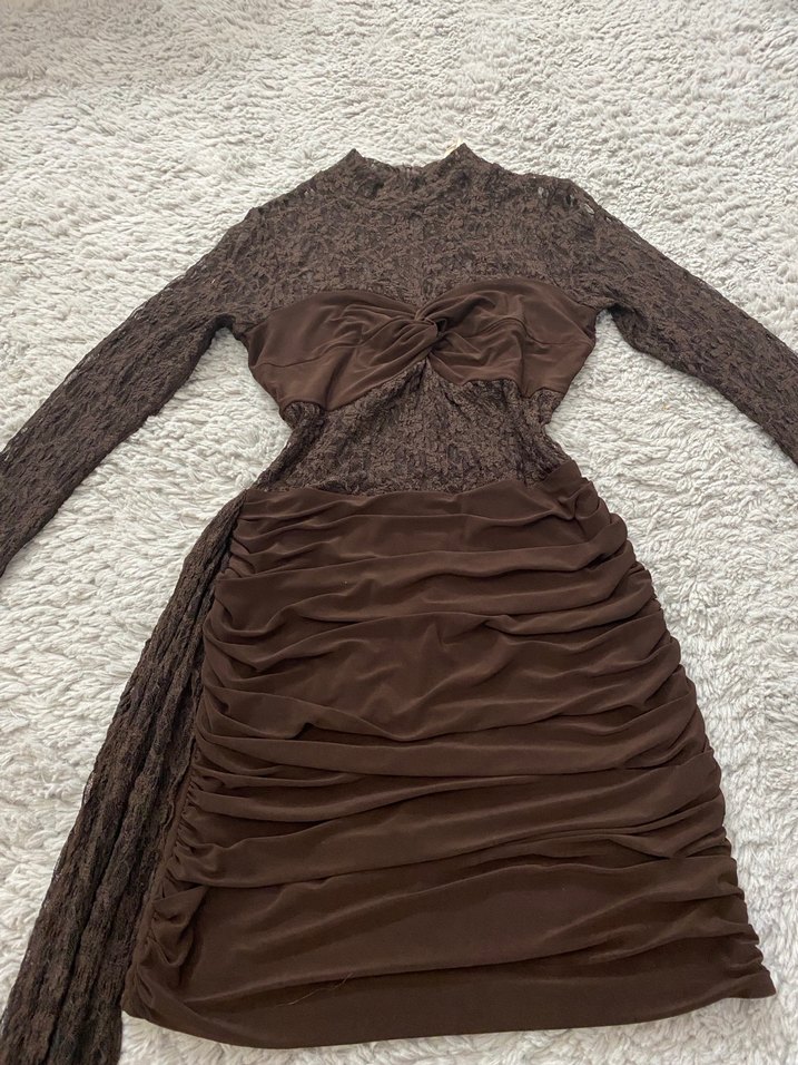 Dantel Detaylı Kahverengi Uzun Kollu Midi Elbise - Görsel 2