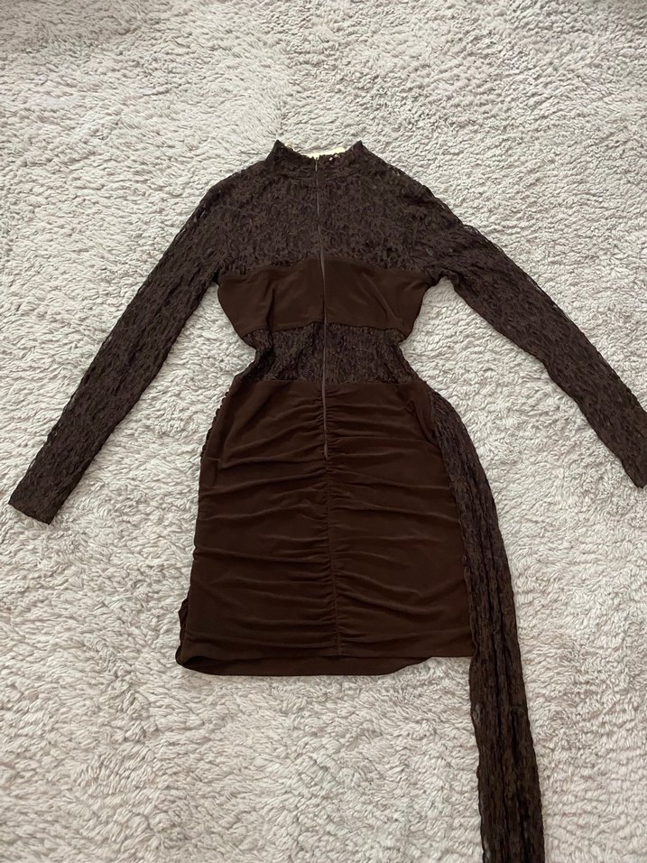 Dantel Detaylı Kahverengi Uzun Kollu Midi Elbise - Görsel 4