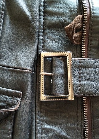 Düğmeli Kahverengi Deri Biker Ceket - Görsel 5