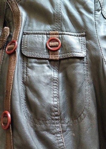 Düğmeli Kahverengi Deri Biker Ceket - Görsel 4