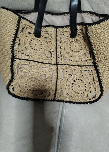 Bej Nakışlı Dantel Detaylı Bohem Örgü Çanta - Görsel 2