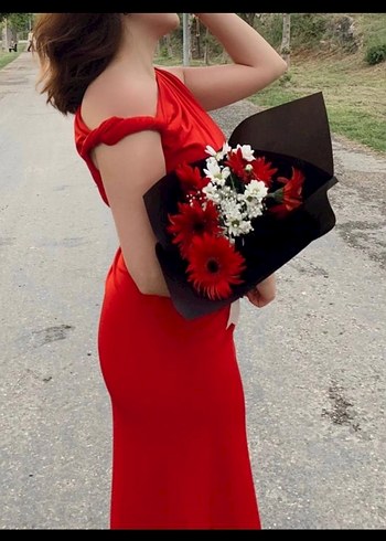 Kırmızı Drapeli Uzun Abiye Elbise - Görsel 2