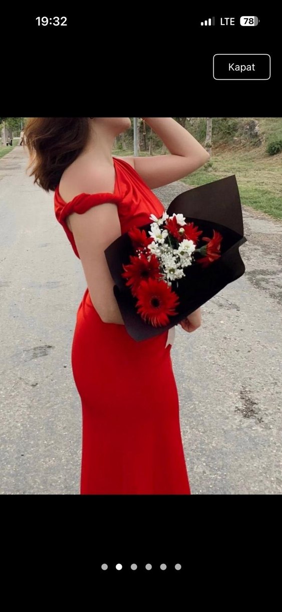 Kırmızı Drapeli Uzun Abiye Elbise - Görsel 2