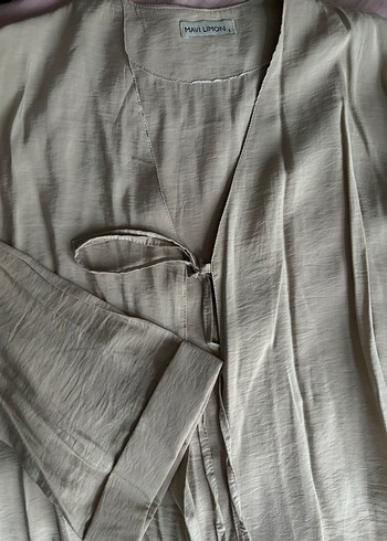 Bej Keten Kadın Bluz, Uzun Kollu, Normal Boy - Görsel 2