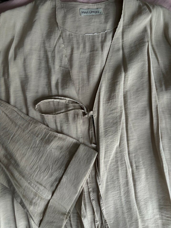 Bej Keten Kadın Bluz, Uzun Kollu, Normal Boy - Görsel 2