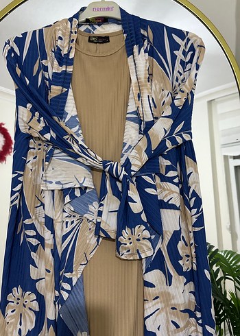 Uzun Pilili Mavi Batik Desenli Kadın Kimono