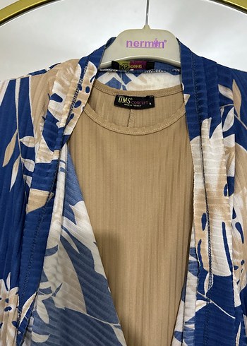 xxl Beden Uzun Pilili Mavi Batik Desenli Kadın Kimono
