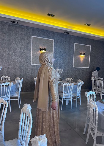 Bej Uzun Kollu Drapeli Abiye Elbise - Görsel 2