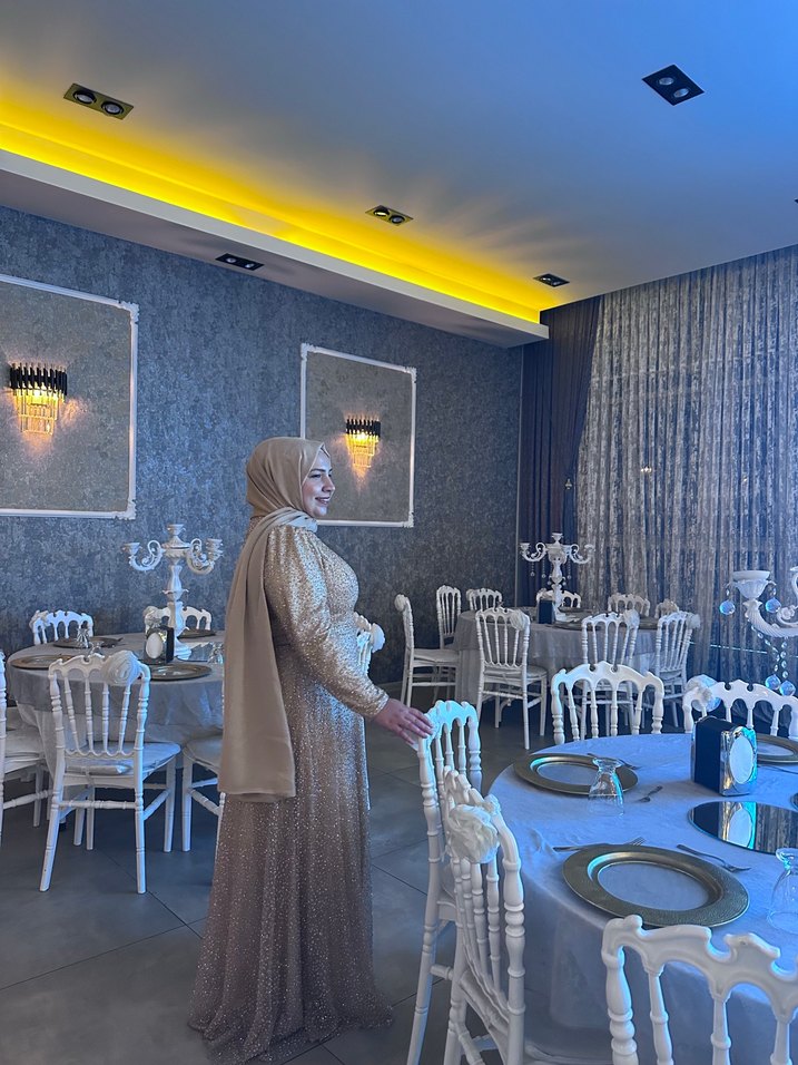 Bej Uzun Kollu Drapeli Abiye Elbise - Görsel 4