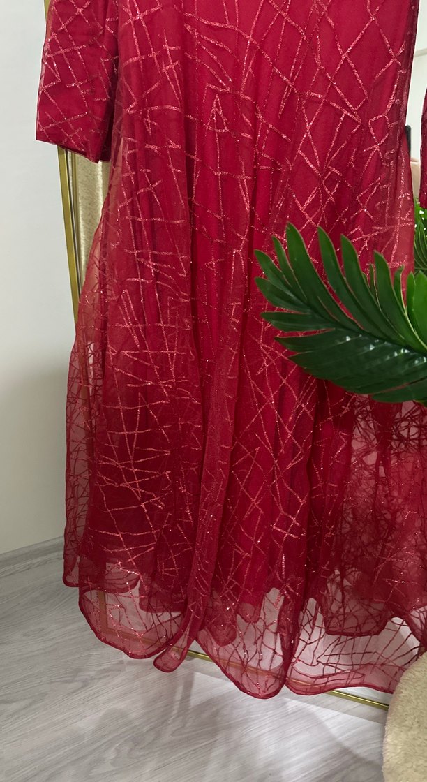 Bordo Uzun Kollu Nakışlı Kadın Elbise - Görsel 4