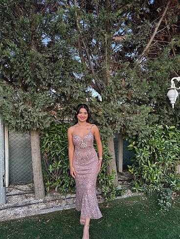 Oleg Cassini Rose Gold Payet İşlemeli İnce Askılı Midi Boy Elbi