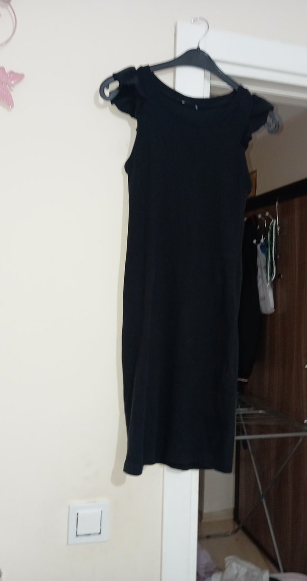 Siyah Drapeli Uzun Kolsuz Ofis Elbisesi - Görsel 3