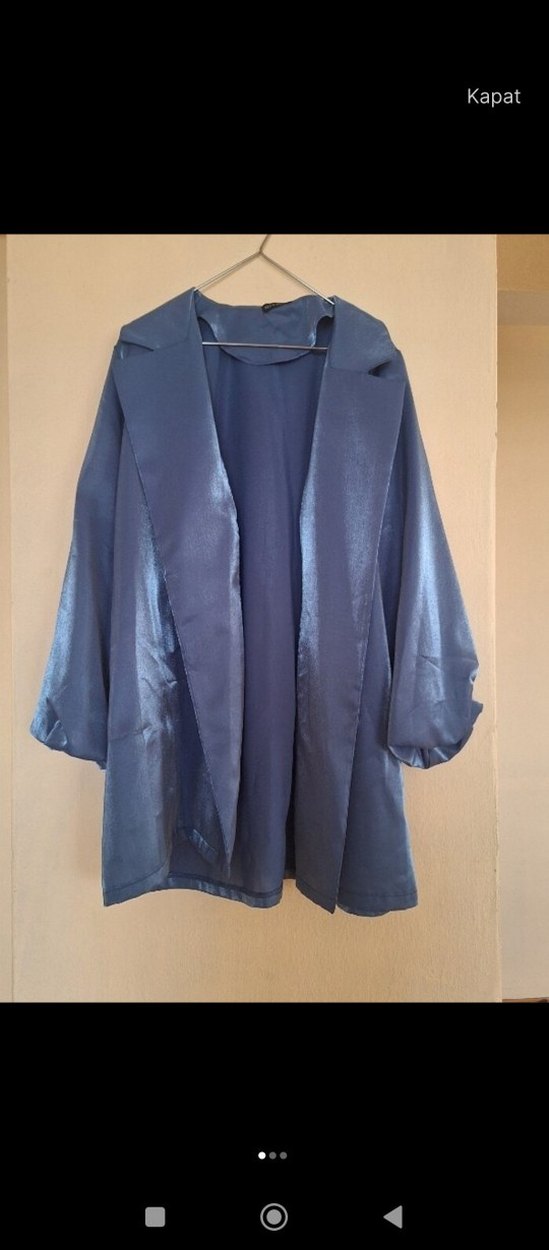 Uzun Parlak Mavi Kadın ceket - Görsel 2