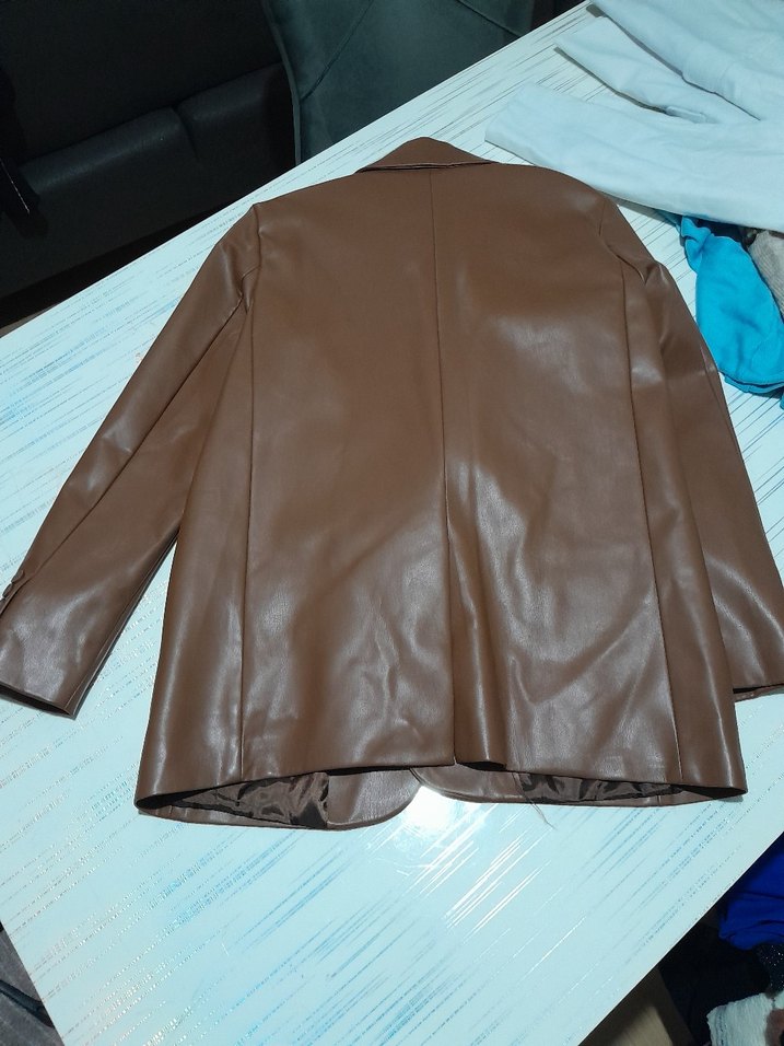 Kadın Kahverengi Uzun Deri Ceket - Görsel 3