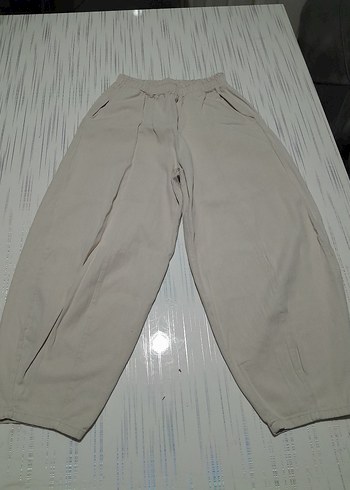 bej Rahat Kesim Keten Kadın Pantolon - Görsel 2