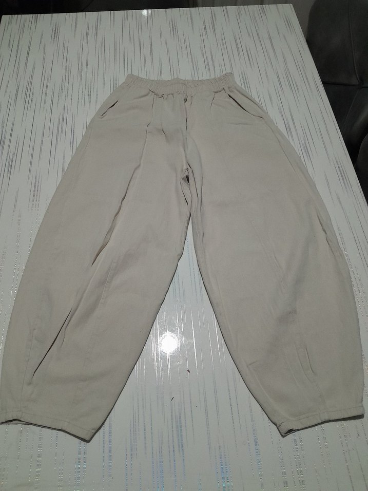 bej Rahat Kesim Keten Kadın Pantolon - Görsel 2