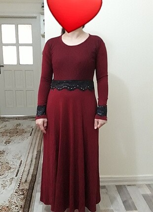 Kırmızı Bordo Özel Tasarım İşlemeli Dikim Tesettür Uzun Elbise A