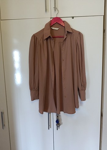 Düğmeli Bej Uzun Kollu tunik gömlek - Görsel 3