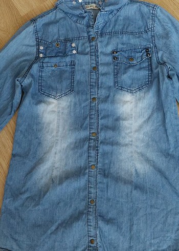 Diğer Düğmeli Uzun Kollu Mavi Denim Kadın Gömlek