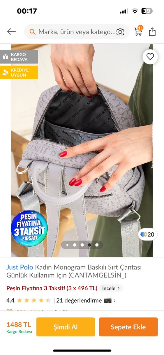 Just Polo Kadın Monogram Baskılı Gri Sırt Çantası - Görsel 3