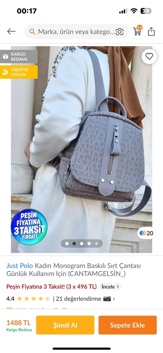 Just Polo Kadın Monogram Baskılı Gri Sırt Çantası - Görsel 2