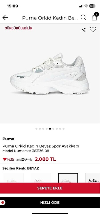 38 Beden beyaz Renk Puma orkid beyaz spor ayakkabı model num 383136-08