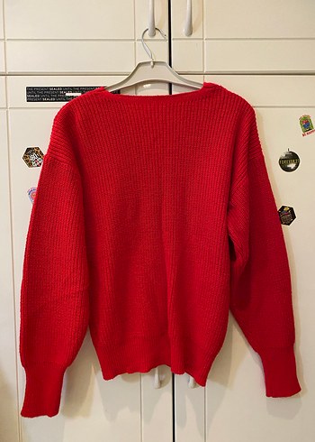 Kırmızı V Yaka Örgü Kadın Hırka - Görsel 2