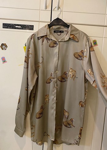 Düğmeli, Baskılı, Bej Kadın Gömlek - Görsel 2