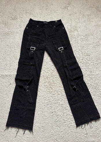 Kadın Siyah Bol Kesim Tokalı Kot Pantolon - Görsel 2