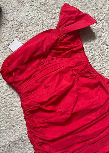 Kırmızı Drapeli Straplez Mini Elbise - Görsel 3
