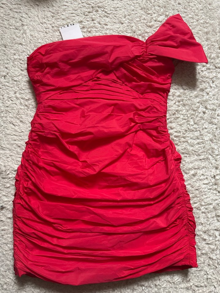 Kırmızı Drapeli Straplez Mini Elbise - Görsel 2