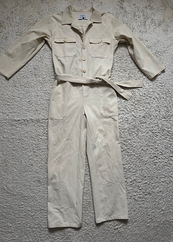 Kadın Beyaz Pamuklu Kuşaklı Tulum - Görsel 2