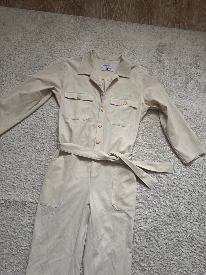 Kadın Beyaz Pamuklu Kuşaklı Tulum - Görsel 4