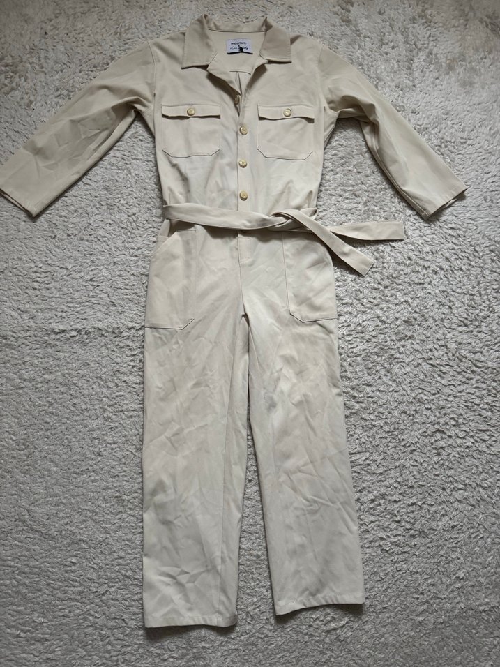 Kadın Beyaz Pamuklu Kuşaklı Tulum - Görsel 2