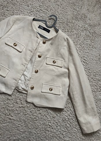 Düğmeli Keten Mini Kadın Ceket - Görsel 3